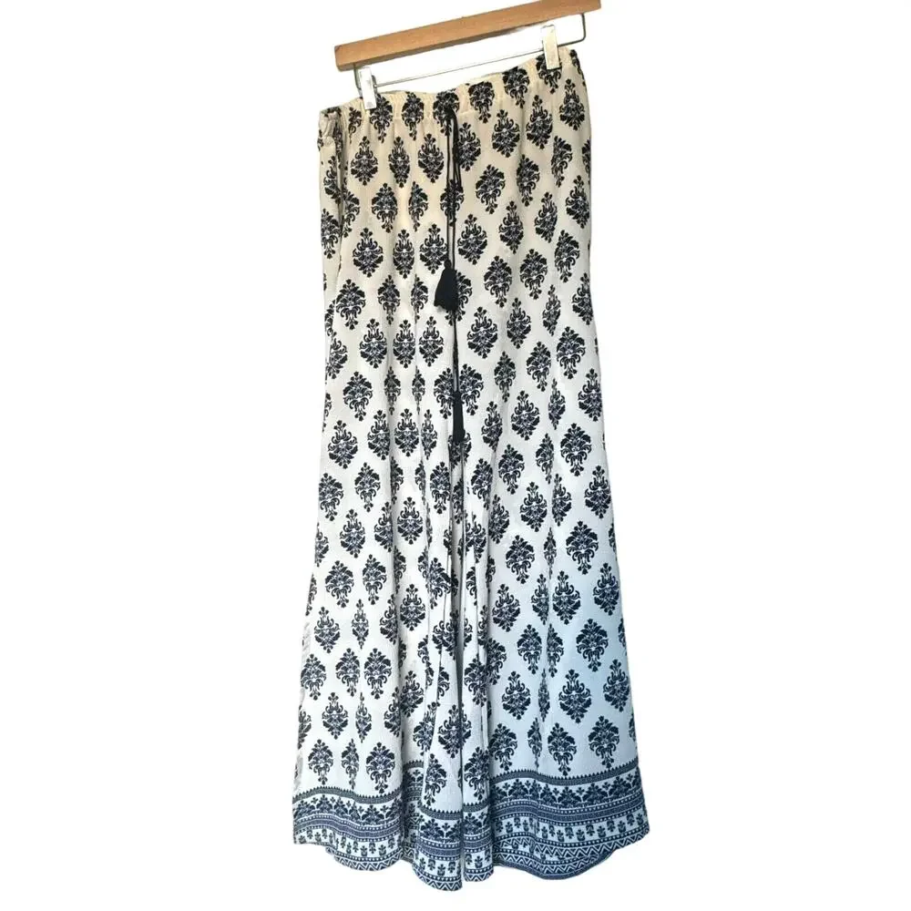PORTOCRUZ Large Swim Cover Up Pants Beach Boho Wide Leg Slits Tassels Blue White - Picture 2 of 11